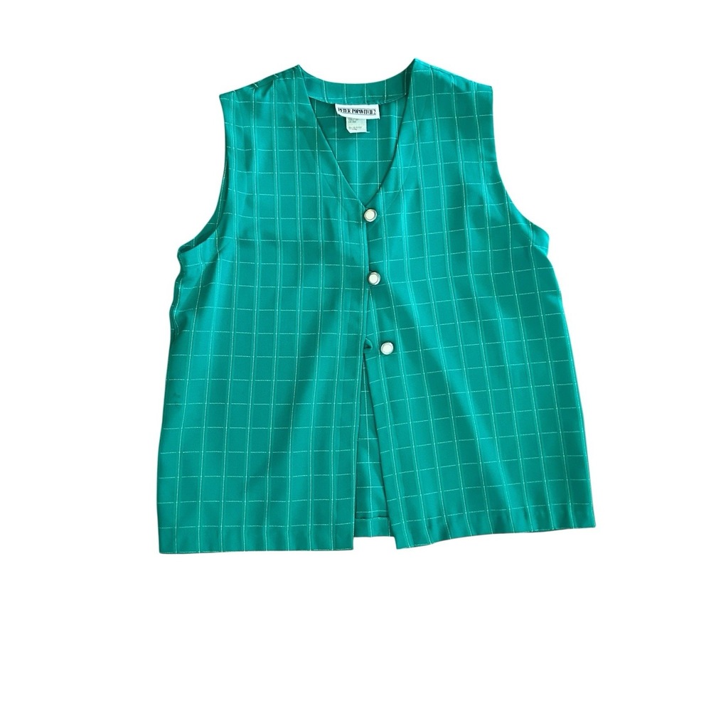 Peter Popovitch 2X Women's Vintage Green Vest Button Front Longline Checkered‎